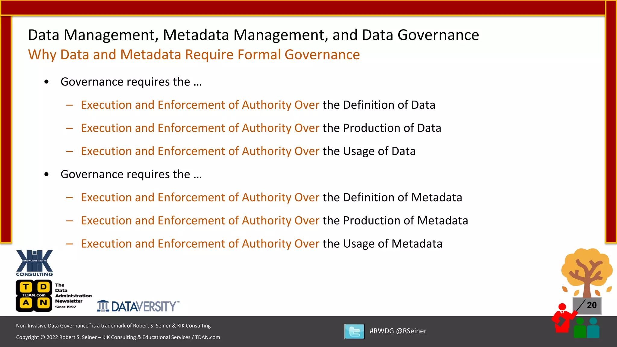 Copyright © 2022 Robert S. Seiner – KIK Consulting & Educational Services / TDAN.com
Non-Invasive Data Governance™ is a trademark of Robert S. Seiner & KIK Consulting
#RWDG @RSeiner
20
• Governance requires the …
– Execution and Enforcement of Authority Over the Definition of Data
– Execution and Enforcement of Authority Over the Production of Data
– Execution and Enforcement of Authority Over the Usage of Data
• Governance requires the …
– Execution and Enforcement of Authority Over the Definition of Metadata
– Execution and Enforcement of Authority Over the Production of Metadata
– Execution and Enforcement of Authority Over the Usage of Metadata
Data Management, Metadata Management, and Data Governance
Why Data and Metadata Require Formal Governance
 