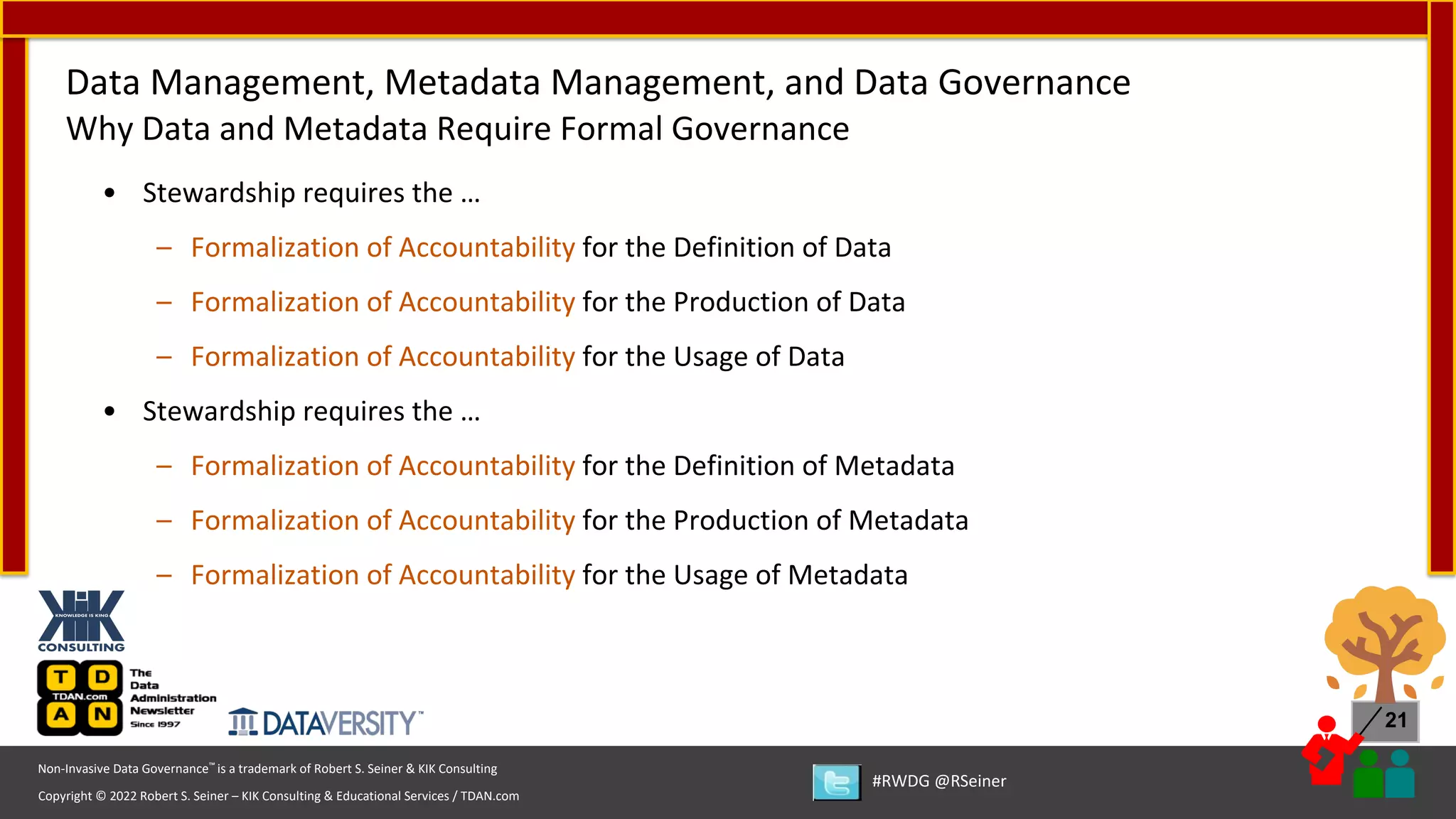 Copyright © 2022 Robert S. Seiner – KIK Consulting & Educational Services / TDAN.com
Non-Invasive Data Governance™ is a trademark of Robert S. Seiner & KIK Consulting
#RWDG @RSeiner
21
• Stewardship requires the …
– Formalization of Accountability for the Definition of Data
– Formalization of Accountability for the Production of Data
– Formalization of Accountability for the Usage of Data
• Stewardship requires the …
– Formalization of Accountability for the Definition of Metadata
– Formalization of Accountability for the Production of Metadata
– Formalization of Accountability for the Usage of Metadata
Data Management, Metadata Management, and Data Governance
Why Data and Metadata Require Formal Governance
 