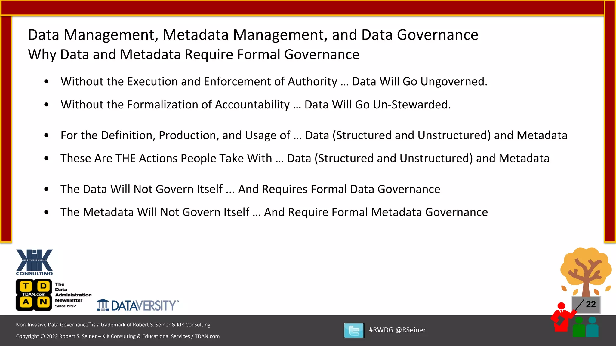 Copyright © 2022 Robert S. Seiner – KIK Consulting & Educational Services / TDAN.com
Non-Invasive Data Governance™ is a trademark of Robert S. Seiner & KIK Consulting
#RWDG @RSeiner
22
• Without the Execution and Enforcement of Authority … Data Will Go Ungoverned.
• Without the Formalization of Accountability … Data Will Go Un-Stewarded.
• For the Definition, Production, and Usage of … Data (Structured and Unstructured) and Metadata
• These Are THE Actions People Take With … Data (Structured and Unstructured) and Metadata
• The Data Will Not Govern Itself ... And Requires Formal Data Governance
• The Metadata Will Not Govern Itself … And Require Formal Metadata Governance
Data Management, Metadata Management, and Data Governance
Why Data and Metadata Require Formal Governance
 