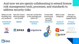 And now we are openly collaborating to extend license
risk management tools, processes, and standards to
address security ...