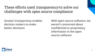 These efforts used transparency to solve our
challenges with open source compliance
Greater transparency enables
decision ...
