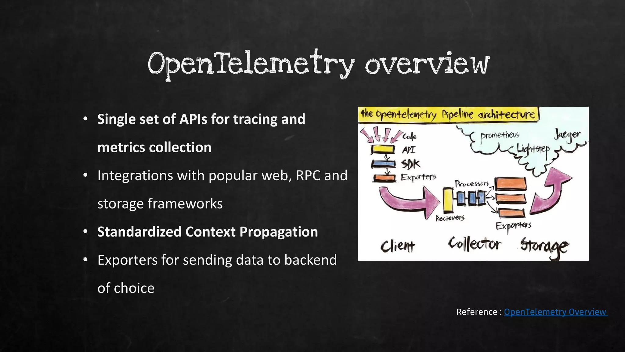 OpenTelemetry overview
• Single set of APIs for tracing and
metrics collection
• Integrations with popular web, RPC and
storage frameworks
• Standardized Context Propagation
• Exporters for sending data to backend
of choice
Reference : OpenTelemetry Overview
 