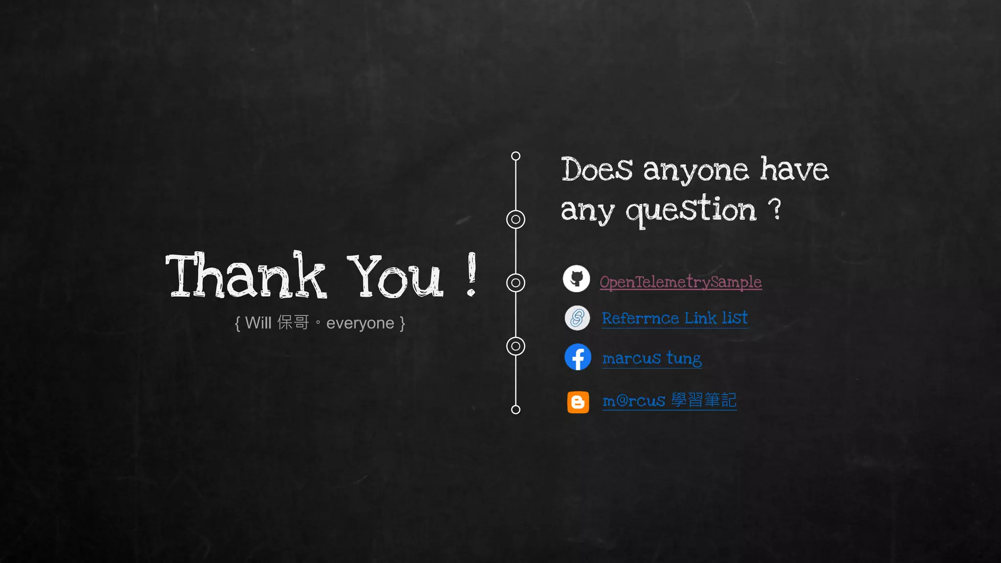 Thank You !
Does anyone have
any question ?
OpenTelemetrySample
Referrnce Link list
marcus tung
m@rcus 學習筆記
{ Will 保哥。everyone }
 