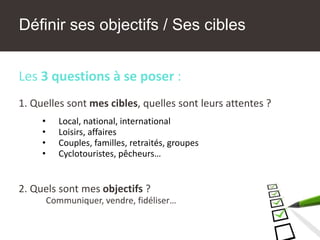 Définir ses objectifs / Ses cibles
Les 3 questions à se poser :
1. Quelles sont mes cibles, quelles sont leurs attentes ?
• Local, national, international
• Loisirs, affaires
• Couples, familles, retraités, groupes
• Cyclotouristes, pêcheurs…
2. Quels sont mes objectifs ?
Communiquer, vendre, fidéliser…
 