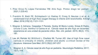 1. Pilar Orive FJ, López Fernández YM. Alto flujo. Protoc diagn ter pediatr.
2021;1:235-43.
1. Franklin D, Babl FE, Schlapbach LJ, Oakley E, Craig S, Neutze J, et al. A
randomized trial of high-flow oxygen therapy in infants with bronchiolitis. N Engl
JMed. 2018;378(12):1121-1131.
1. Wegner A Adriana, Cespedes F Pamela, Godoy M María Loreto, Erices B Pedro,
Urrutia C Luis, Venthur U Carina et al . Cánula nasal de alto flujo en lactantes:
experiencia en una unidad de paciente crítico. Rev. chil. pediatr. 2015; 86(3): 173-
181.
1. Lee JH, Rehder KJ, Williford L, Cheifetz IM, Turner AD. Use of high flow nasal
cannula in critically ill infants, children and adults: a critical review of the
literature. Intensive Care Med. 2013;39(2):247-257
1. Wegner A, A. Cánula nasal de alto flujo en pediatría. Neumología Pediátrica, 2017;
12(1), 5–8.
 