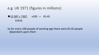 e.g. UK 1971 (figures in millions):
13 387 + 7307 x100 = 65.45
31616
So for every 100 people of working age there were 65.45 people
dependent upon them
 