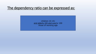 The dependency ratio can be expressed as:
children (0-14)
and elderly (65 and over)x 100
those of working age
 