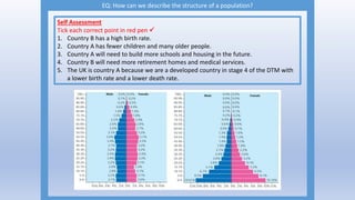 EQ: How can we describe the structure of a population?
Self Assessment
Tick each correct point in red pen 
1. Country B has a high birth rate.
2. Country A has fewer children and many older people.
3. Country A will need to build more schools and housing in the future.
4. Country B will need more retirement homes and medical services.
5. The UK is country A because we are a developed country in stage 4 of the DTM with
a lower birth rate and a lower death rate.
 
