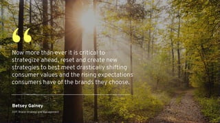 Now more than ever it is critical to
strategize ahead, reset and create new
strategies to best meet drastically shifting
consumer values and the rising expectations
consumers have of the brands they choose.
“
Betsey Gainey
SVP, Brand Strategy and Management
 