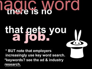 MACQUARIE SCHOOL OF SOCIAL SCIENCES
there is no
that gets you
a job.
* BUT note that employers
increasingly use key word search.
magic word
*keywords? see the ad & industry
research.
 