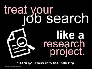 MACQUARIE SCHOOL OF SOCIAL SCIENCES
treat your
job search
like a
research
project.
*learn your way into the industry.
 
