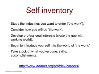 MACQUARIE SCHOOL OF SOCIAL SCIENCES
Self inventory
• Study the industries you want to enter (‘the work’).
• Consider how you will do ‘the work’.
• Develop professional interests (close the gap with
working world).
• Begin to introduce yourself into the world of ‘the work.’
• Take stock of what you’ve done: skills,
accomplishments…
http://www.aaanet.org/profdev/careers/
MACQUARIE SCHOOL OF SOCIAL SCIENCES
 