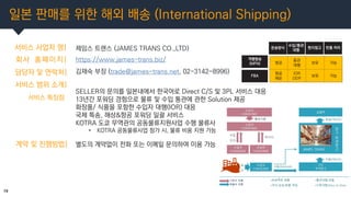 일본 판매를 위한 해외 배송 (International Shipping)
19
서비스 사업자 명| 제임스 트랜스 (JAMES TRANS CO.,LTD)
회사 홈페이지|
담당자 및 연락처|
https://www.james...