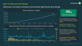 CoinGecko Q3 2022 Cryptocurrency Report 22
State of Ethereum Post-Merge
Ethereum’s net token emissions have slowed significantly post-Merge
Ethereum Supply (Jan – Sep 2022)
118,000,000
118,500,000
119,000,000
119,500,000
120,000,000
120,500,000
121,000,000
Jan-22 Feb-22 Mar-22 Apr-22 May-22 Jun-22 Jul-22 Aug-22 Sep-22 Oct-22
Ethereum Number of On-Chain Transactions & Average Daily Gas Price (Jan – Sep 2022)
-
100
200
300
400
500
700,000
900,000
1,100,000
1,300,000
1,500,000
1,700,000
Jan-22 Feb-22 Mar-22 Apr-22 May-22 Jun-22 Jul-22 Aug-22 Sep-22 Oct-22
Average Gas Price (Gwei) # of On-Chain Transactions
Source: Etherscan
Merge
-95%
Reduction in Average Daily
Net Emissions Post-Merge
Since the Merge, Ethereum’s net token
emissions have slowed significantly, giving
credence to earlier anticipation of ”triple-
halving”.
Average daily net emissions have
decreased from +9,587ETH since the
start of 2022 to +560ETH post-Merge.
While the Merge was not meant to
improve scalability, it’s interesting that
average gas price has stayed low (~10 –
20 gwei) despite a small spike in on-chain
transactions post-Merge.
Ethereum block times have slightly
improved from ~13 – 13.5 secs to ~12.1
secs post-Merge, though this is likely not
noticeable by normal users.
ETH Supply
Gas Price
(Gwei)
# of On-Chain
Transactions
 
