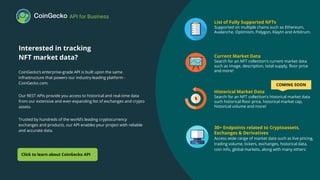 CoinGecko Q3 2022 Cryptocurrency Report
Interested in tracking
NFT market data?
CoinGecko’s enterprise-grade API is built upon the same
infrastructure that powers our industry-leading platform -
CoinGecko.com.
Our REST APIs provide you access to historical and real-time data
from our extensive and ever-expanding list of exchanges and crypto
assets.
Trusted by hundreds of the world’s leading cryptocurrency
exchanges and products, our API enables your project with reliable
and accurate data.
API for Business
Click to learn about CoinGecko API
Current Market Data
Search for an NFT collection’s current market data
such as image, description, total supply, floor price
and more!
List of Fully Supported NFTs
Supported on multiple chains such as Ethereum,
Avalanche, Optimism, Polygon, Klaytn and Arbitrum.
COMING SOON
Historical Market Data
Search for an NFT collection’s historical market data
such historical floor price, historical market cap,
historical volume and more!
30+ Endpoints related to Cryptoassets,
Exchanges & Derivatives
Access wide range of market data such as live pricing,
trading volume, tickers, exchanges, historical data,
coin info, global markets, along with many others!
 