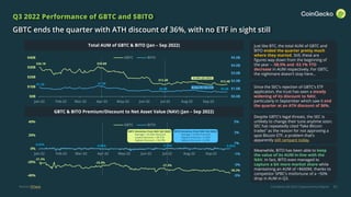 CoinGecko Q3 2022 Cryptocurrency Report
-5%
-3%
-1%
1%
3%
5%
-40%
-20%
0%
20%
40%
Jan-22 Feb-22 Mar-22 Apr-22 May-22 Jun-22 Jul-22 Aug-22 Sep-22
GBTC BITO
$0.0B
$1.0B
$2.0B
$3.0B
$4.0B
$5.0B
$0B
$10B
$20B
$30B
$40B
Jan-22 Feb-22 Mar-22 Apr-22 May-22 Jun-22 Jul-22 Aug-22 Sep-22
GBTC BITO
42
Q3 2022 Performance of GBTC and $BITO
GBTC ends the quarter with ATH discount of 36%, with no ETF in sight still
Source: YCharts
Bitcoin Price and Spot Trading Volume Apr ‘21 - Oct '21
Total AUM of GBTC & BITO (Jan – Sep 2022)
GBTC & BITO Premium/Discount to Net Asset Value (NAV) (Jan – Sep 2022)
$30.1B
$1.2B $1.3B
$29.8B
$0.6B
$12.4B $12.4B
$0.6B
+0.71% (Q3 2022)
-0.16% (Q3 2022)
GBTC Deviation from NAV (Q3 2022)
Average = 32.25% Discount
Lowest Discount = 28.51%
Highest Discount = 36.37%
BITO Deviation from NAV (Q3 2022)
Average = 0.02% Premium
Highest Premium = 0.25%
Highest Discount = 0.23%
0.02% 0.06% 0.10% 0.05%
-21.3%
-25.5%
-31.4%
-36.2%
Since the SEC’s rejection of GBTC’s ETF
application, the trust has seen a steady
widening of its discount to NAV,
particularly in September which saw it end
the quarter at an ATH discount of 36%.
Despite GBTC’s legal threats, the SEC is
unlikely to change their tune anytime soon.
SEC has repeatedly cited “fake Bitcoin
trades” as the reason for not approving a
spot Bitcoin ETF, a problem that’s
apparently still rampant today.
Just like BTC, the total AUM of GBTC and
BITO ended the quarter pretty much
where they started. Still, these are
figures way down from the beginning of
the year – -58.5% and -53.1% YTD
decrease in AUM respectively. For GBTC,
the nightmare doesn’t stop here…
Meanwhile, BITO has been able to keep
the value of its AUM in-line with the
NAV. In fact, BITO even managed to
capture a bit more market share while
maintaining an AUM of >$600M, thanks to
competitor SPBC’s misfortune of a ~50%
drop in AUM in Q3.
 