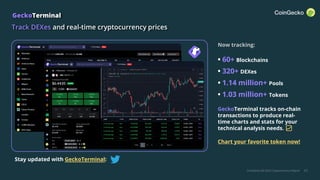 CoinGecko Q3 2022 Cryptocurrency Report 43
GeckoTerminal
Track DEXes and real-time cryptocurrency prices
Now tracking:
• 60+ Blockchains
• 320+ DEXes
• 1.14 million+ Pools
• 1.03 million+ Tokens
GeckoTerminal tracks on-chain
transactions to produce real-
time charts and stats for your
technical analysis needs. 📈📈
Chart your favorite token now!
Stay updated with GeckoTerminal:
 