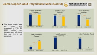 18
65,013 64,532
2021 YTD Q3 2022 YTD Q3
Copper Production
（Tonnes）
-1%
76,804
68,814
2021 YTD Q3 2022 YTD Q3
Gold Product...