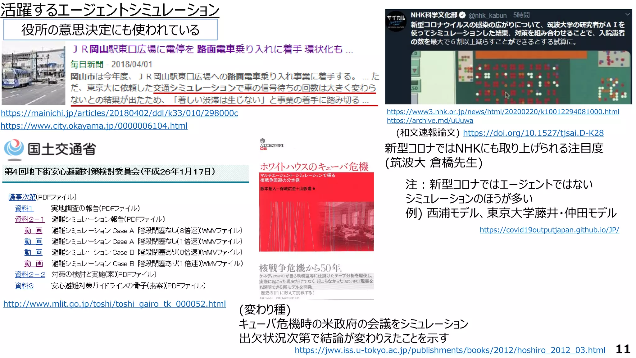 活躍するエージェントシミュレーション
https://mainichi.jp/articles/20180402/ddl/k33/010/298000c
https://www.city.okayama.jp/0000006104.html
http://www.mlit.go.jp/toshi/toshi_gairo_tk_000052.html
https://jww.iss.u-tokyo.ac.jp/publishments/books/2012/hoshiro_2012_03.html
(変わり種)
キューバ危機時の米政府の会議をシミュレーション
出欠状況次第で結論が変わりえたことを示す
役所の意思決定にも使われている
新型コロナではNHKにも取り上げられる注目度
(筑波大 倉橋先生)
https://www3.nhk.or.jp/news/html/20200220/k10012294081000.html
11
注：新型コロナではエージェントではない
シミュレーションのほうが多い
例) 西浦モデル、東京大学藤井・仲田モデル
https://covid19outputjapan.github.io/JP/
https://doi.org/10.1527/tjsai.D-K28
(和文速報論文)
https://archive.md/uUuwa
 