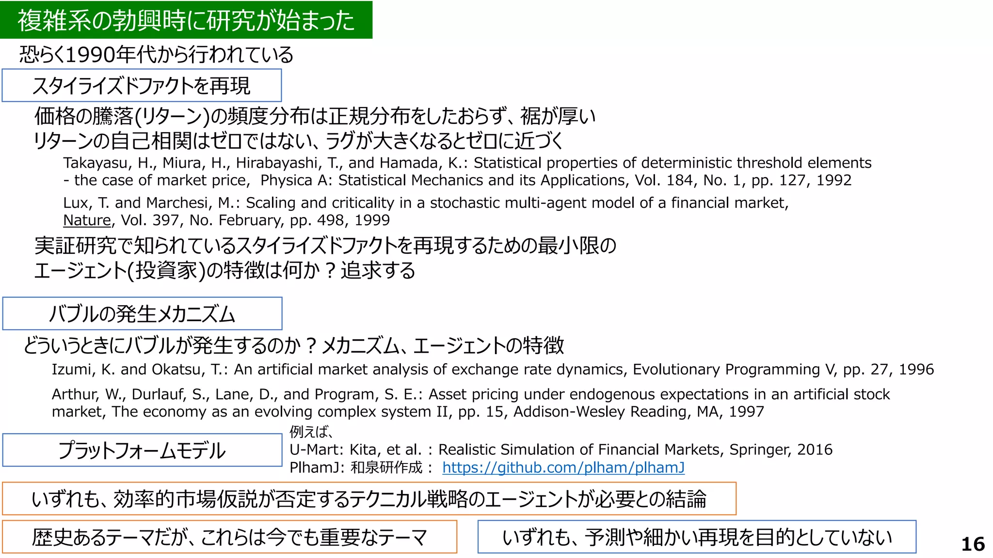 複雑系の勃興時に研究が始まった
16
Takayasu, H., Miura, H., Hirabayashi, T., and Hamada, K.: Statistical properties of deterministic threshold elements
- the case of market price, Physica A: Statistical Mechanics and its Applications, Vol. 184, No. 1, pp. 127, 1992
スタイライズドファクトを再現
恐らく1990年代から行われている
価格の騰落(リターン)の頻度分布は正規分布をしたおらず、裾が厚い
リターンの自己相関はゼロではない、ラグが大きくなるとゼロに近づく
バブルの発生メカニズム
Lux, T. and Marchesi, M.: Scaling and criticality in a stochastic multi-agent model of a financial market,
Nature, Vol. 397, No. February, pp. 498, 1999
実証研究で知られているスタイライズドファクトを再現するための最小限の
エージェント(投資家)の特徴は何か？追求する
いずれも、効率的市場仮説が否定するテクニカル戦略のエージェントが必要との結論
Izumi, K. and Okatsu, T.: An artificial market analysis of exchange rate dynamics, Evolutionary Programming V, pp. 27, 1996
どういうときにバブルが発生するのか？メカニズム、エージェントの特徴
Arthur, W., Durlauf, S., Lane, D., and Program, S. E.: Asset pricing under endogenous expectations in an artificial stock
market, The economy as an evolving complex system II, pp. 15, Addison-Wesley Reading, MA, 1997
歴史あるテーマだが、これらは今でも重要なテーマ いずれも、予測や細かい再現を目的としていない
プラットフォームモデル
PlhamJ: 和泉研作成： https://github.com/plham/plhamJ
例えば、
U-Mart: Kita, et al. : Realistic Simulation of Financial Markets, Springer, 2016
 