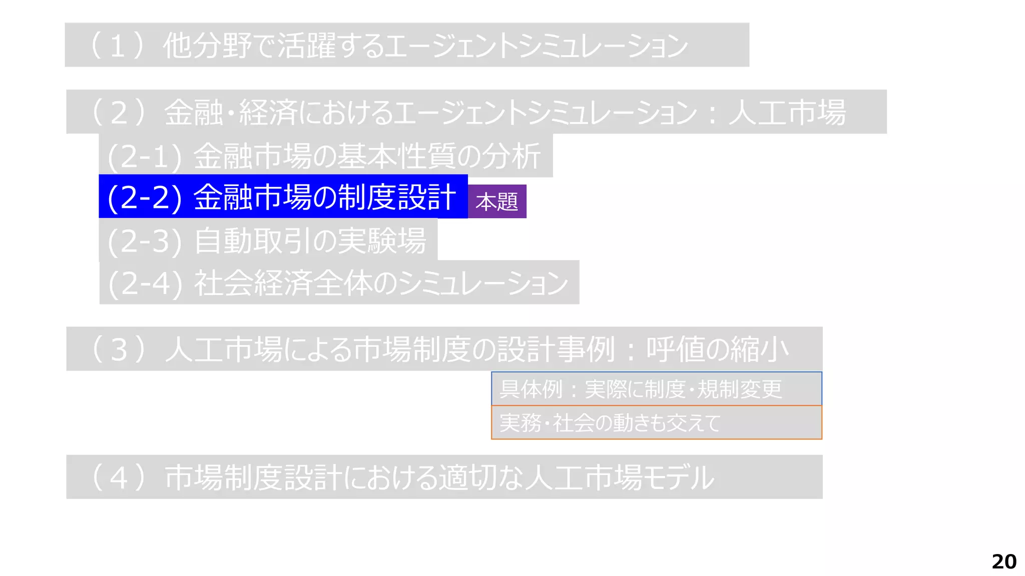 具体例：実際に制度・規制変更
実務・社会の動きも交えて
20
（１）他分野で活躍するエージェントシミュレーション
（１）他分野で活躍するエージェントシミュレーション
(2-1) 金融市場の基本性質の分析
（２）金融・経済におけるエージェントシミュレーション：人工市場
（２）金融・経済におけるエージェントシミュレーション：人工市場
(2-2) 金融市場の制度設計 本題
(2-3) 自動取引の実験場
(2-4) 社会経済全体のシミュレーション
（３）人工市場による市場制度の設計事例：呼値の縮小
（３）人工市場による市場制度の設計事例：呼値の縮小
（４）市場制度設計における適切な人工市場モデル
（４）市場制度設計における適切な人工市場モデル
 