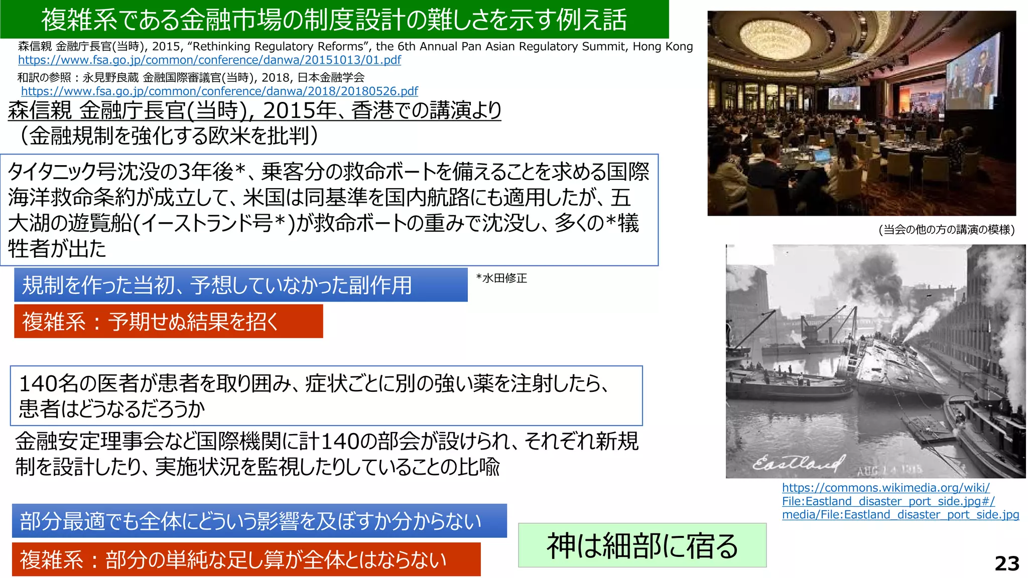 神は細部に宿る
タイタニック号沈没の3年後*、乗客分の救命ボートを備えることを求める国際
海洋救命条約が成立して、米国は同基準を国内航路にも適用したが、五
大湖の遊覧船(イーストランド号*)が救命ボートの重みで沈没し、多くの*犠
牲者が出た
規制を作った当初、予想していなかった副作用
規制を作った当初、予想していなかった副作用
森信親 金融庁長官(当時), 2015年、香港での講演より
（金融規制を強化する欧米を批判）
複雑系：予期せぬ結果を招く
複雑系：予期せぬ結果を招く
23
複雑系である金融市場の制度設計の難しさを示す例え話
森信親 金融庁長官(当時), 2015, “Rethinking Regulatory Reforms”, the 6th Annual Pan Asian Regulatory Summit, Hong Kong
https://www.fsa.go.jp/common/conference/danwa/20151013/01.pdf
(当会の他の方の講演の模様)
140名の医者が患者を取り囲み、症状ごとに別の強い薬を注射したら、
患者はどうなるだろうか
https://commons.wikimedia.org/wiki/
File:Eastland_disaster_port_side.jpg#/
media/File:Eastland_disaster_port_side.jpg
*水田修正
金融安定理事会など国際機関に計140の部会が設けられ、それぞれ新規
制を設計したり、実施状況を監視したりしていることの比喩
部分最適でも全体にどういう影響を及ぼすか分からない
部分最適でも全体にどういう影響を及ぼすか分からない
複雑系：部分の単純な足し算が全体とはならない
複雑系：部分の単純な足し算が全体とはならない
和訳の参照：永見野良蔵 金融国際審議官(当時), 2018, 日本金融学会
https://www.fsa.go.jp/common/conference/danwa/2018/20180526.pdf
 