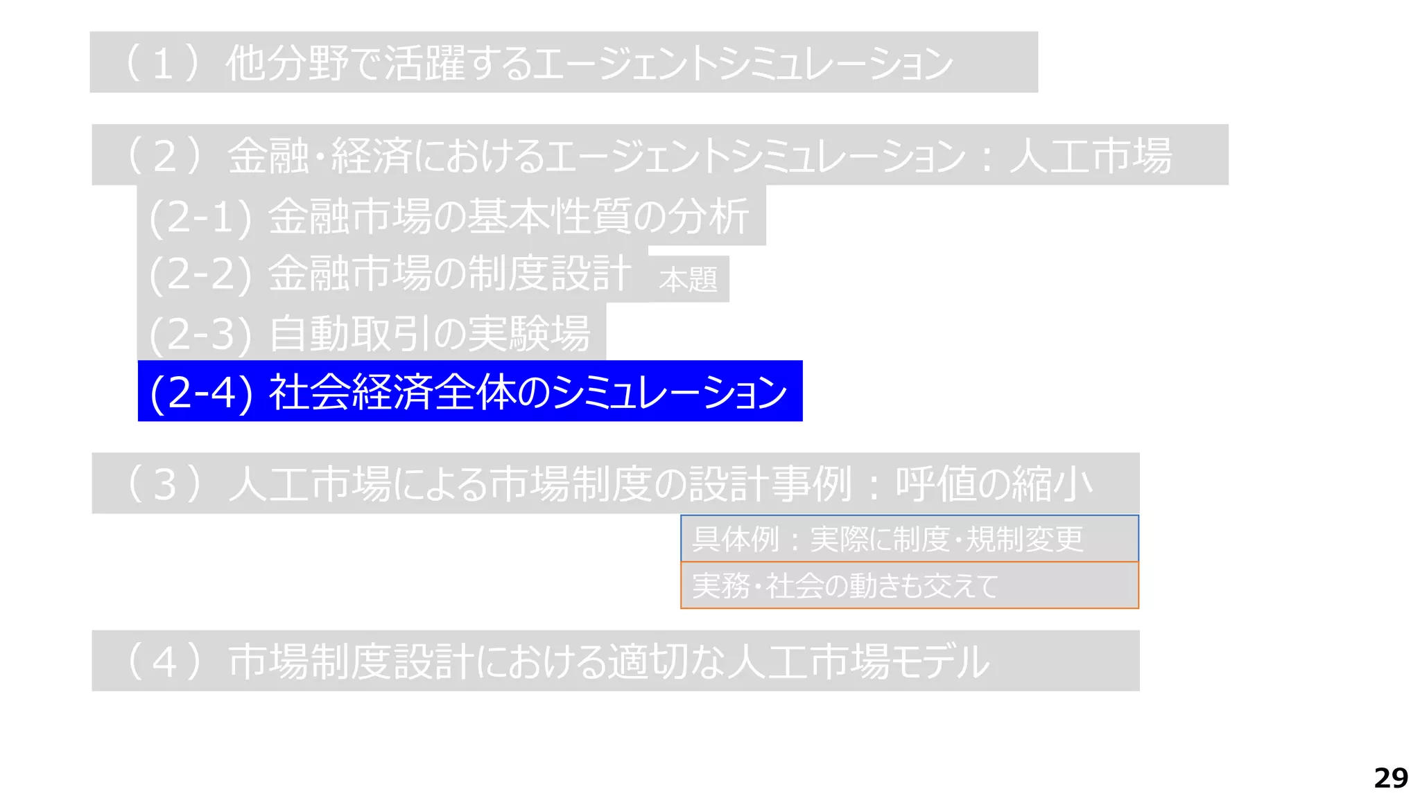 具体例：実際に制度・規制変更
実務・社会の動きも交えて
29
（１）他分野で活躍するエージェントシミュレーション
（１）他分野で活躍するエージェントシミュレーション
(2-1) 金融市場の基本性質の分析
（２）金融・経済におけるエージェントシミュレーション：人工市場
（２）金融・経済におけるエージェントシミュレーション：人工市場
(2-2) 金融市場の制度設計 本題
(2-3) 自動取引の実験場
(2-4) 社会経済全体のシミュレーション
（３）人工市場による市場制度の設計事例：呼値の縮小
（３）人工市場による市場制度の設計事例：呼値の縮小
（４）市場制度設計における適切な人工市場モデル
（４）市場制度設計における適切な人工市場モデル
 