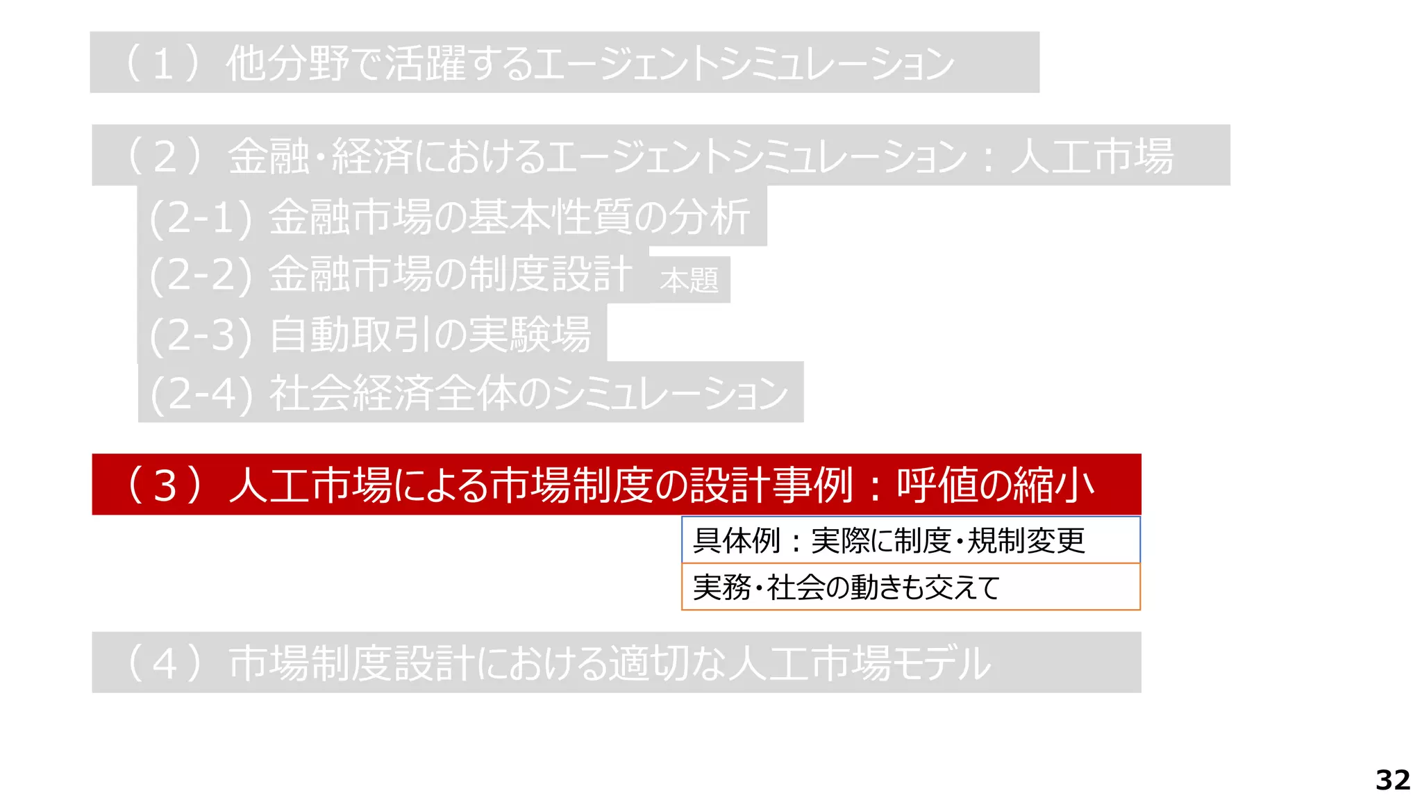 具体例：実際に制度・規制変更
実務・社会の動きも交えて
32
（１）他分野で活躍するエージェントシミュレーション
（１）他分野で活躍するエージェントシミュレーション
(2-1) 金融市場の基本性質の分析
（２）金融・経済におけるエージェントシミュレーション：人工市場
（２）金融・経済におけるエージェントシミュレーション：人工市場
(2-2) 金融市場の制度設計 本題
(2-3) 自動取引の実験場
(2-4) 社会経済全体のシミュレーション
（３）人工市場による市場制度の設計事例：呼値の縮小
（３）人工市場による市場制度の設計事例：呼値の縮小
（４）市場制度設計における適切な人工市場モデル
（４）市場制度設計における適切な人工市場モデル
 