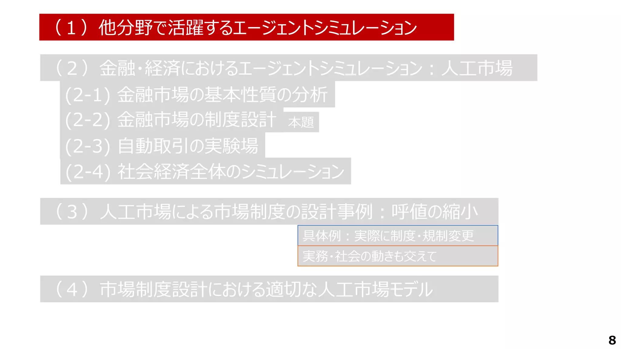 具体例：実際に制度・規制変更
実務・社会の動きも交えて
8
（１）他分野で活躍するエージェントシミュレーション
（１）他分野で活躍するエージェントシミュレーション
(2-1) 金融市場の基本性質の分析
（２）金融・経済におけるエージェントシミュレーション：人工市場
（２）金融・経済におけるエージェントシミュレーション：人工市場
(2-2) 金融市場の制度設計 本題
(2-3) 自動取引の実験場
(2-4) 社会経済全体のシミュレーション
（３）人工市場による市場制度の設計事例：呼値の縮小
（３）人工市場による市場制度の設計事例：呼値の縮小
（４）市場制度設計における適切な人工市場モデル
（４）市場制度設計における適切な人工市場モデル
 