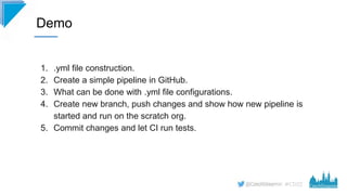 #CD22
1. .yml file construction.
2. Create a simple pipeline in GitHub.
3. What can be done with .yml file configurations....