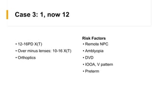 Case 3: 1, now 12
• 12-16PD X(T)
• Over minus lenses: 10-16 X(T)
• Orthoptics
Risk Factors
• Remote NPC
• Amblyopia
• DVD
• IOOA, V pattern
• Preterm
 