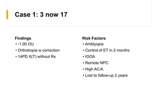 Case 1: 3 now 17
Findings
• -1.00 OU
• Orthotropia w correction
• 14PD X(T) without Rx
Risk Factors
• Amblyopia
• Control of ET in 2 months
• IOOA
• Remote NPC
• High AC/A
• Lost to follow-up 2 years
 