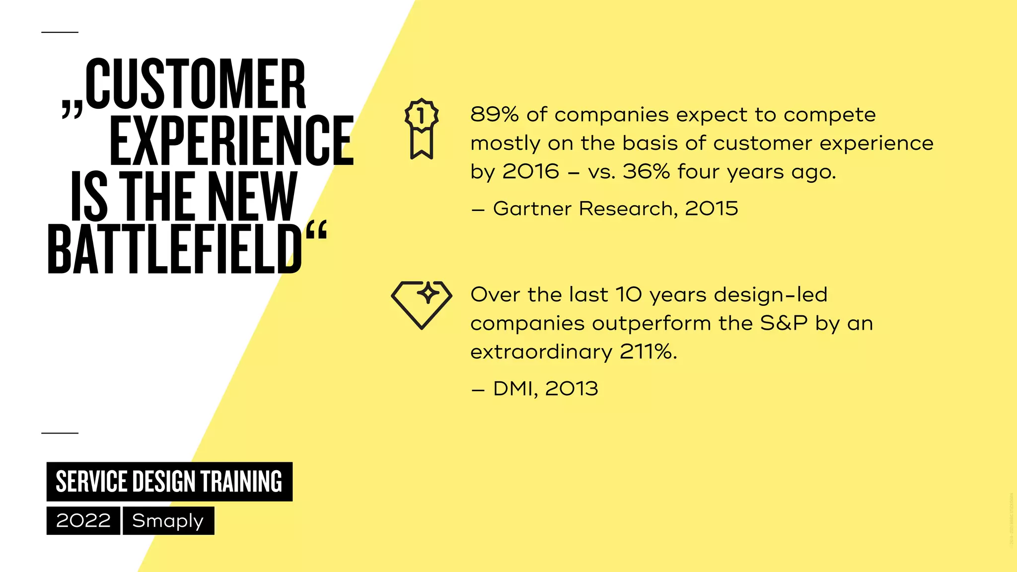 ©
2014–2021
MARC
STICKDORN
SERVICEDESIGNTRAINING
2022 Smaply
„CUSTOMER 89% of companies expect to compete
 
mostly on the basis of customer experience
 
by 2016 – vs. 36% four years ago.


— Gartner Research, 2015
Over the last 10 years design-led
companies outperform the S&P by an
extraordinary 211%.


— DMI, 2013
EXPERIENCE
BATTLEFIELD“
ISTHENEW
 