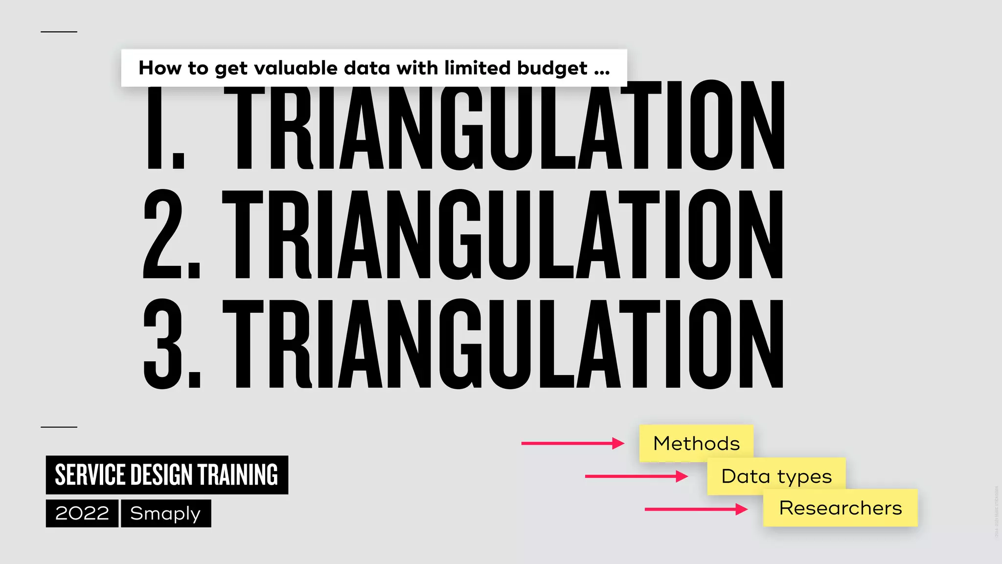 ©
2014–2021
MARC
STICKDORN
SERVICEDESIGNTRAINING
2022 Smaply
1. TRIANGULATION


2.TRIANGULATION


3.TRIANGULATION
How to get valuable data with limited budget …
Methods
Data types
Researchers
 