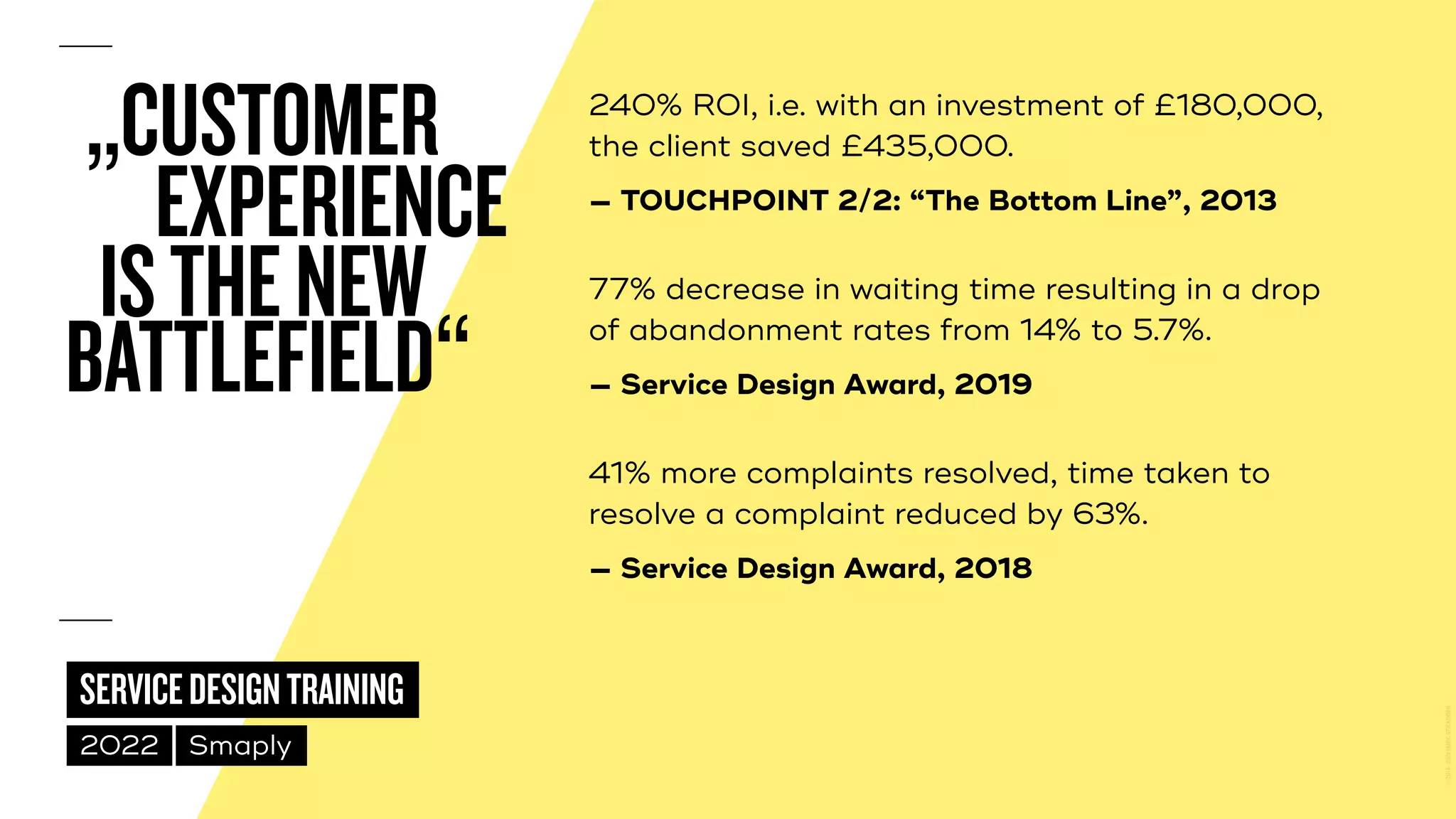 ©
2014–2021
MARC
STICKDORN
SERVICEDESIGNTRAINING
2022 Smaply
„CUSTOMER 240% ROI, i.e. with an investment of £180,000,
 
the client saved £435,000.


— TOUCHPOINT 2/2: “The Bottom Line”, 2013
77% decrease in waiting time resulting in a drop
of abandonment rates from 14% to 5.7%.


— Service Design Award, 2019
EXPERIENCE
BATTLEFIELD“
ISTHENEW
41% more complaints resolved, time taken to
resolve a
 
complaint reduced by 63%.


— Service Design Award, 2018
 