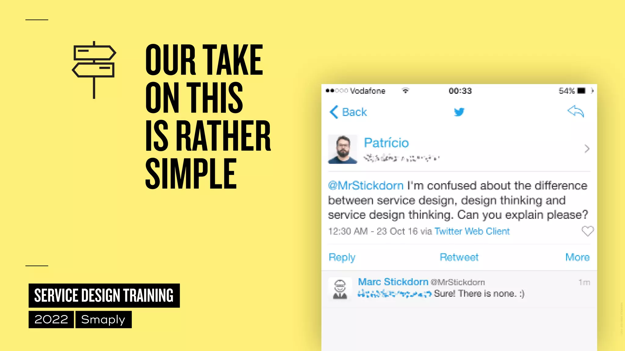 ©
2014–2021
MARC
STICKDORN
SERVICEDESIGNTRAINING
2022 Smaply
OURTAKE
 
ONTHIS
 
ISRATHER
 
SIMPLE
 