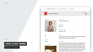 ©
2014–2021
MARC
STICKDORN
SERVICEDESIGNTRAINING
2022 Smaply
IMAGE
AGE
41
GENDER
female
MOOD IMAGES
OCCUPATION
Tax sales accountant
NATIONALITY
Swedish
MARITAL STATUS
Married, 2 kids
QUOTE
“I am the one in charge for financial issues in the familiy.
My husband is just not interested.”
DESCRIPTION
Lorem ipsum dolor sit amet, consetetur sadipscing elitr,
sed diam nonumy eirmod tempor invidunt ut labore et
dolore magna aliquyam erat, sed diam voluptua. At vero
eos et accusam et justo duo dolores et ea rebum. Stet
clita kasd gubergren, no sea takimata sanctus est Lorem
ipsum dolor sit amet. Lorem ipsum dolor sit amet,
PERSONA JENNIFER JOHANSEN (JEN) PROJECT OPTUM TECHNOLOGY EXPORT DATE 18.04.2020
Jennifer Johansen
SHORT NAME
JEN
 