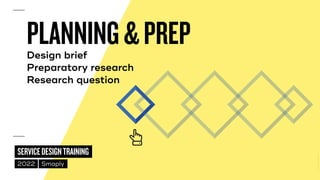 ©
2014–2021
MARC
STICKDORN
SERVICEDESIGNTRAINING
2022 Smaply
PLANNING&PREP


Design brief
 
Preparatory research
 
Research question
 