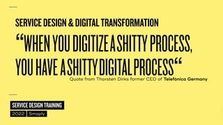 ©
2014–2021
MARC
STICKDORN
SERVICEDESIGNTRAINING
2022 Smaply
“WHENYOUDIGITIZE A SHITTYPROCESS,
YOUHAVEA SHITTY DIGITAL PROCESS“
Quote from Thorsten Dirks former CEO of Telefónica Germany
SERVICEDESIGN&DIGITALTRANSFORMATION
 