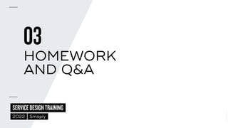 ©
2014–2021
MARC
STICKDORN
SERVICEDESIGNTRAINING
2022 Smaply
03
HOMEWORK


AND Q&A
 
