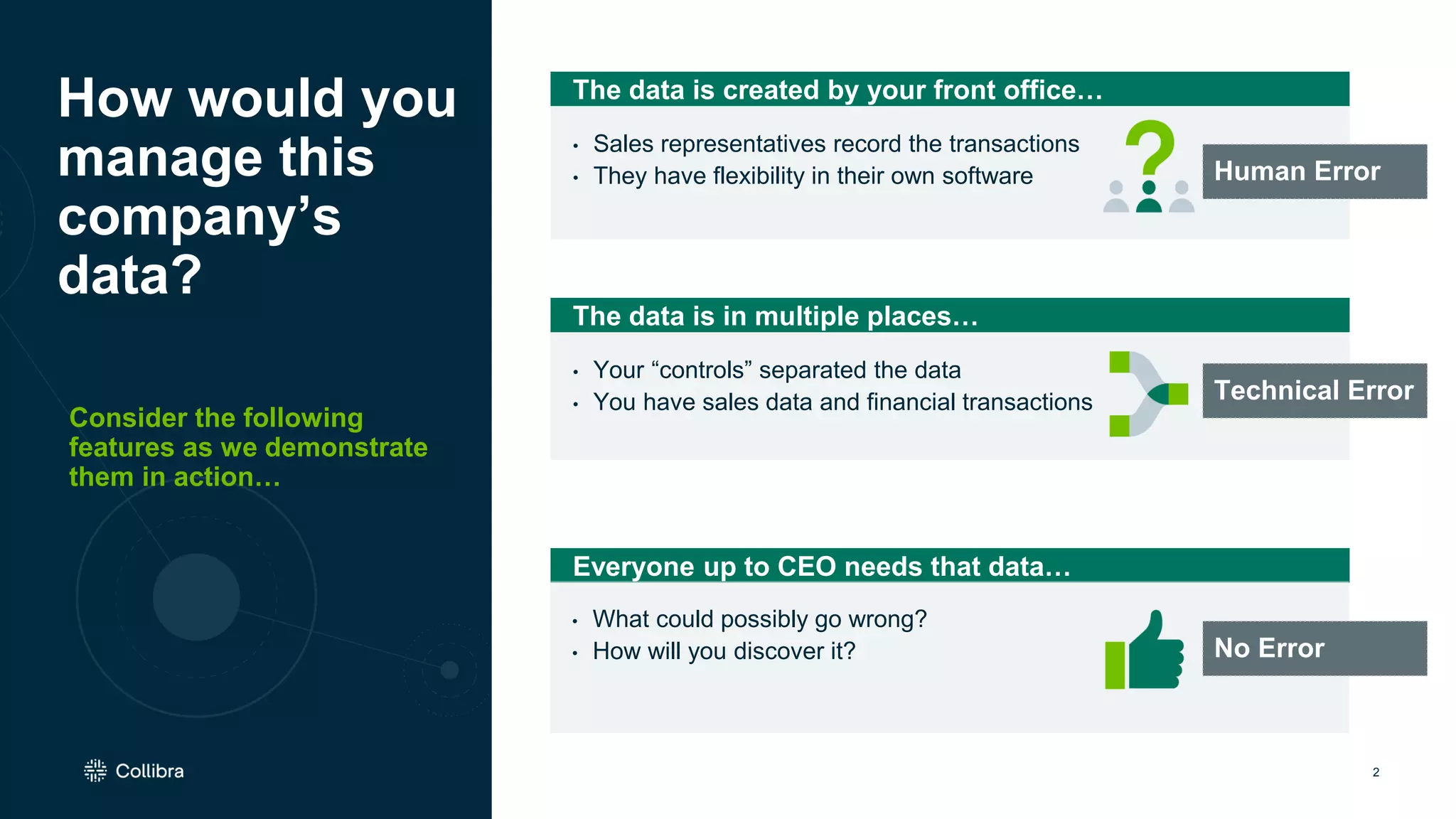 2
Consider the following
features as we demonstrate
them in action…
How would you
manage this
company’s
data?
The data is created by your front office…
• Sales representatives record the transactions
• They have flexibility in their own software
The data is in multiple places…
• Your “controls” separated the data
• You have sales data and financial transactions
Everyone up to CEO needs that data…
• What could possibly go wrong?
• How will you discover it?
Human Error
Technical Error
No Error
 