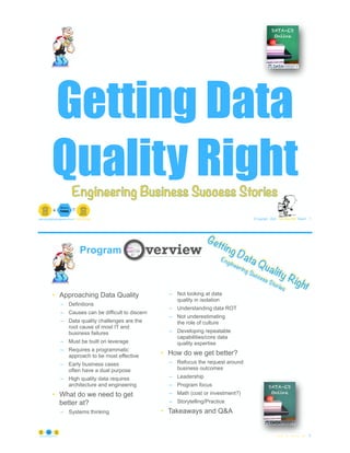 Getting Data
Quality Right
© Copyright 2022 by Peter Aiken Slide # 7
peter.aiken@anythingawesome.com +1.804.382.5957 Peter Aiken, PhD
Engineering Business Success Stories
© Copyright 2022 by Peter Aiken Slide # 8
https://anythingawesome.com
Getting Data Quality Right
Engineering Success Stories
Program
• Approaching Data Quality
– Definitions
– Causes can be difficult to discern
– Data quality challenges are the
root cause of most IT and
business failures
– Must be built on leverage
– Requires a programmatic
approach to be most effective
– Early business cases
often have a dual purpose
– High quality data requires
architecture and engineering
• What do we need to get
better at?
– Systems thinking
– Not looking at data
quality in isolation
– Understanding data ROT
– Not underestimating
the role of culture
– Developing repeatable
capabilities/core data
quality expertise
• How do we get better?
– Refocus the request around
business outcomes
– Leadership
– Program focus
– Math (cost or investment?)
– Storytelling/Practice
• Takeaways and Q&A
 