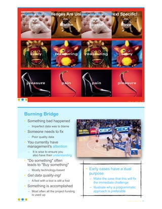 Many DQ Challenges Are Unique and/or Context Specific!
© Copyright 2022 by Peter Aiken Slide # 33
https://anythingawesome.com
• Something bad happened
– Imperfect data was to blame
• Someone needs to fix
– Poor quality data
• You currently have
management's attention
– It is wise to ensure you
also have their understanding
• "Do something" often
leads to "Buy something"
– Mostly technology-based
• Get data quality-ing!
– A fool with a tool is still a fool
• Something is accomplished
– Most often all the project funding
is used up
Burning Bridge
© Copyright 2022 by Peter Aiken Slide # 34
https://anythingawesome.com
• Early cases have a dual
purpose
– Make the case that this will fix
the immediate challenge
– Illustrate why a programmatic
approach is preferable
 