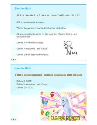 Simple Math
• At the beginning of a project,
• Where the parties know the least about each other
• All are expected to agree on the meaning of price, timing, and
functionalities
• Define X (some resources)
• Define Y (cleaning 1 set of data)
• Define Z (that data will be clean)
© Copyright 2022 by Peter Aiken Slide # 39
https://anythingawesome.com
If X is invested in Y then outcome Z will result (Z > X)
Simple Math
• Define X ($100)
• Define Y (cleaning 1 set of data)
• Define Z ($1000)
© Copyright 2022 by Peter Aiken Slide # 40
https://anythingawesome.com
If $100 is invested in cleaning 1 set of data then outcome $1000 will result
 