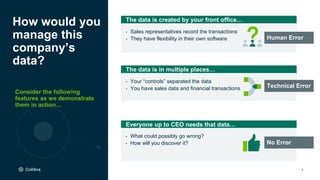 2
Consider the following
features as we demonstrate
them in action…
How would you
manage this
company’s
data?
The data is created by your front office…
• Sales representatives record the transactions
• They have flexibility in their own software
The data is in multiple places…
• Your “controls” separated the data
• You have sales data and financial transactions
Everyone up to CEO needs that data…
• What could possibly go wrong?
• How will you discover it?
Human Error
Technical Error
No Error
 