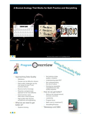 A Musical Analogy That Works for Both Practice and Storytelling
© Copyright 2022 by Peter Aiken Slide # 83
https://anythingawesome.com
+ =
https://www.youtube.com/watch?v=4n1GT-VjjVs&frags=pl%2Cwn
© Copyright 2022 by Peter Aiken Slide # 84
https://anythingawesome.com
Getting Data Quality Right
Engineering Success Stories
Program
• Approaching Data Quality
– Definitions
– Causes can be difficult to discern
– Data quality challenges are the
root cause of most IT and
business failures
– Must be built on leverage
– Requires a programmatic
approach to be most effective
– Early business cases
often have a dual purpose
– High quality data requires
architecture and engineering
• What do we need to get
better at?
– Systems thinking
– Not looking at data
quality in isolation
– Understanding data ROT
– Not underestimating
the role of culture
– Developing repeatable
capabilities/core data
quality expertise
• How do we get better?
– Refocus the request around
business outcomes
– Leadership
– Program focus
– Math (cost or investment?)
– Storytelling/Practice
• Takeaways and Q&A
 
