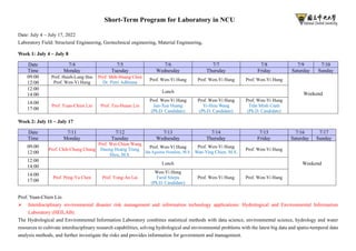 Short-Term Program for Laboratory in NCU
Date: July 4 ~ July 17, 2022
Laboratory Field: Structural Engineering, Geotechnical engineering, Material Engineering,
Week 1: July 4 ~ July 8
Date 7/4 7/5 7/6 7/7 7/8 7/9 7/10
Time Monday Tuesday Wednesday Thursday Friday Saturday Sunday
09:00
12:00
Prof. Hsieh-Lung Hsu
Prof. Wen-Yi Hung
Prof. Shih-Huang Chen
Dr. Putri Adhitana
Prof. Wen-Yi Hung Prof. Wen-Yi Hung Prof. Wen-Yi Hung
Weekend
12:00
14:00
Lunch
14:00
17:00
Prof. Yuan-Chien Lin Prof. Tzu-Hsuan Lin
Prof. Wen-Yi Hung
Jun-Xue Huang
(Ph.D. Candidate)
Prof. Wen-Yi Hung
Yi-Hsiu Wang
(Ph.D. Candidate)
Prof. Wen-Yi Hung
Trần Minh Cảnh
(Ph.D. Candidate)
Week 2: July 11 ~ July 17
Date 7/11 7/12 7/13 7/14 7/15 7/16 7/17
Time Monday Tuesday Wednesday Thursday Friday Saturday Sunday
09:00
12:00
Prof. Chih-Chung Chung
Prof. Wei-Chien Wang
Duong Hoang Trung
Hieu, M.S.
Prof. Wen-Yi Hung
Ida Agustin Nomleni, M.S.
Prof. Wen-Yi Hung
Wan-Ying Chien, M.S.
Prof. Wen-Yi Hung
Weekend
12:00
14:00
Lunch
14:00
17:00
Prof. Peng-Yu Chen Prof. Yong-An Lai
Wen-Yi Hung
Farid Sitepu
(Ph.D. Candidate)
Prof. Wen-Yi Hung Prof. Wen-Yi Hung
Prof. Yuan-Chien Lin
➢ Interdisciplinary environmental disaster risk management and information technology applications: Hydrological and Environmental Information
Laboratory (HEILAB).
The Hydrological and Environmental Information Laboratory combines statistical methods with data science, environmental science, hydrology and water
resources to cultivate interdisciplinary research capabilities, solving hydrological and environmental problems with the latest big data and spatio-temporal data
analysis methods, and further investigate the risks and provides information for government and management.
 