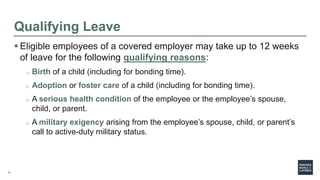 11
Qualifying Leave
 Eligible employees of a covered employer may take up to 12 weeks
of leave for the following qualifying reasons:
o Birth of a child (including for bonding time).
o Adoption or foster care of a child (including for bonding time).
o A serious health condition of the employee or the employee’s spouse,
child, or parent.
o A military exigency arising from the employee’s spouse, child, or parent’s
call to active-duty military status.
 