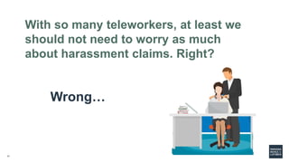 11
With so many teleworkers, at least we
should not need to worry as much
about harassment claims. Right?
Wrong…
 