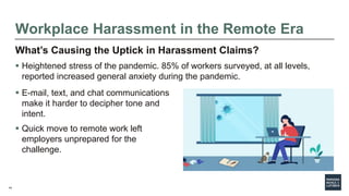 14
Workplace Harassment in the Remote Era
What’s Causing the Uptick in Harassment Claims?
 Heightened stress of the pande...